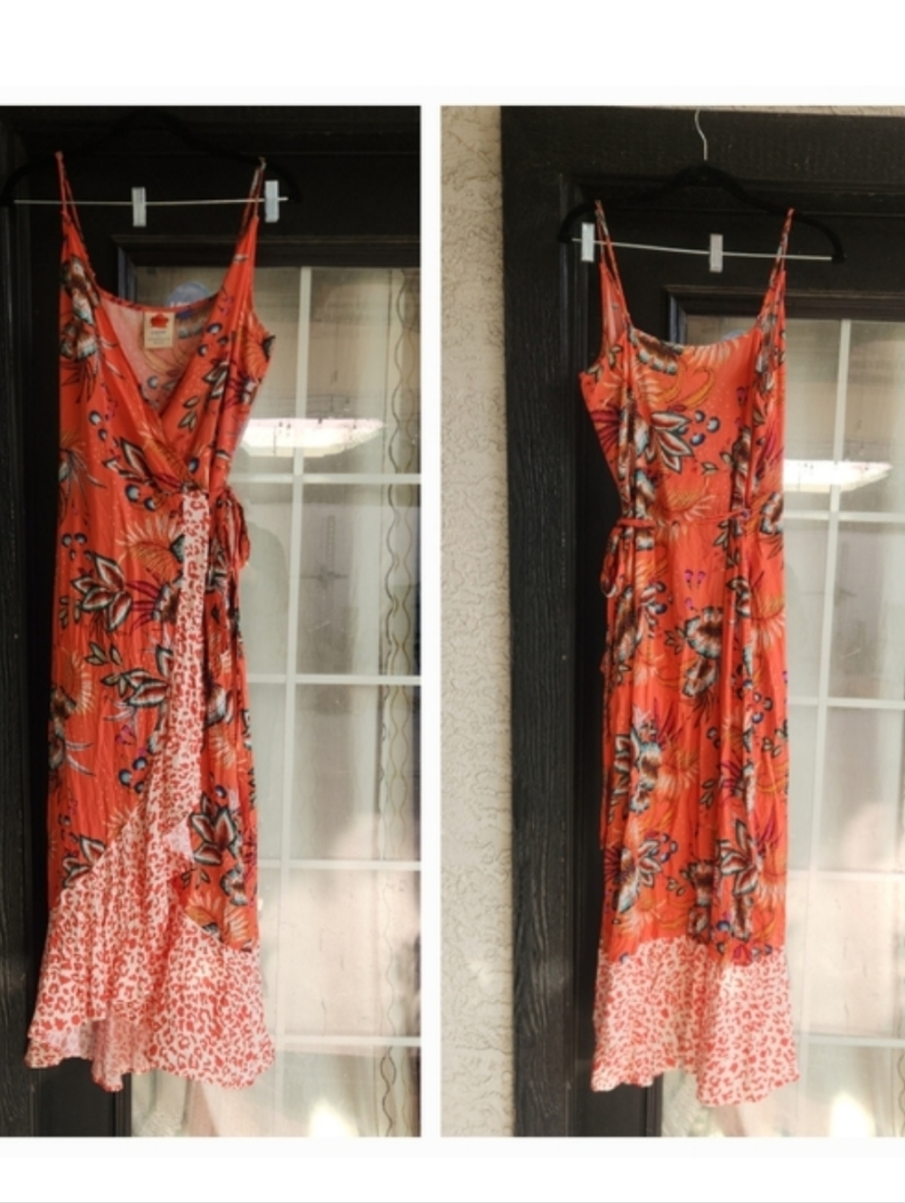 FARM Rio Orange Floral Wrap Maxi Dress with Pink Ruffle Hem
